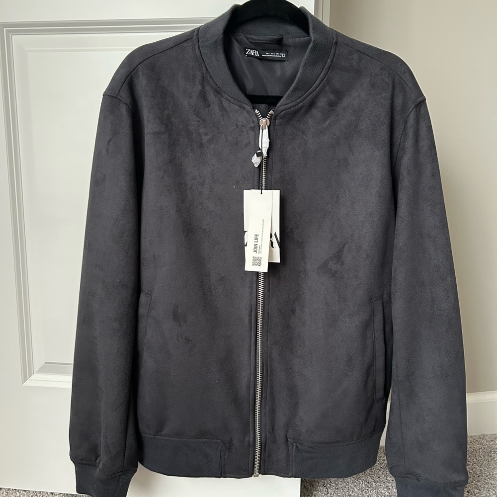 Zara Blue Grey Suede Bomber Jacket with Ribbed Collar
